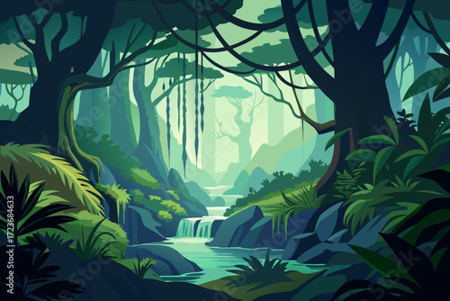 Enchanting jungle landscape with a serene waterfall, perfect for conveying tranquility and natural beauty in your creative projects and designs, originally a vector