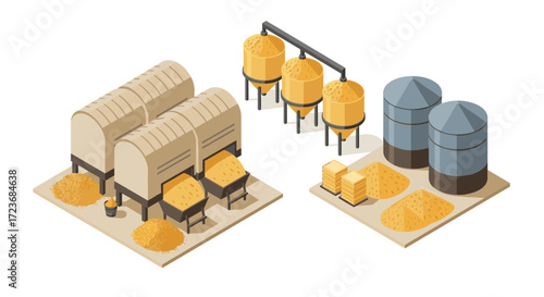 Isometric grain storage facility design with silos and bunkers