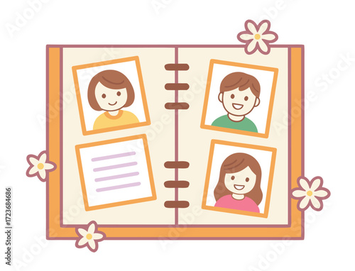 Cartoon family photo album scrapbook with flower decoration and happy faces