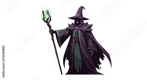 Mysterious dark wizard with glowing staff and pointed hat.