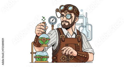 Steampunk Scientist with Goggles Examining a Chemical Flask.
