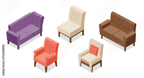 Isometric furniture set: modern sofas and chairs in various colors