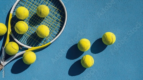 Yellow Tennis Balls and Racket on Bright Blue Court Surface