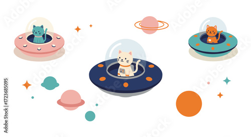 Cute cats in ufos explore space with planets and stars in whimsical art