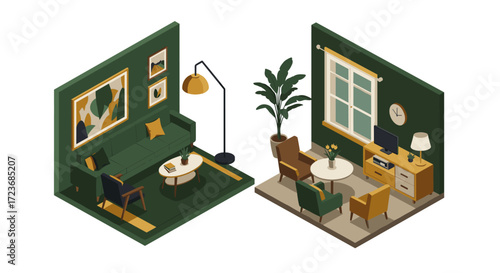 Modern isometric living room interior with green and brown decor