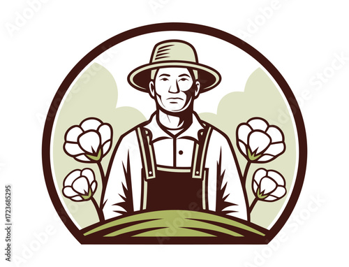 Cotton Farmer Standing in Field with Cotton Plants Symbol Illustration