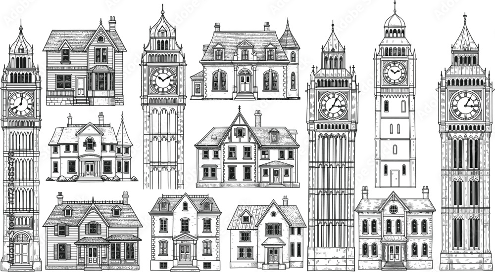 Fototapeta premium Hand-drawn architectural buildings and clock towers, detailed black and white sketch, diverse roof styles, ornate facades, vector illustration