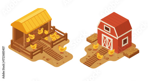 Isometric farm scene with chicken coops and chickens in barnyard setting