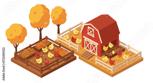 Isometric farm scene with chickens and barn amidst autumn trees