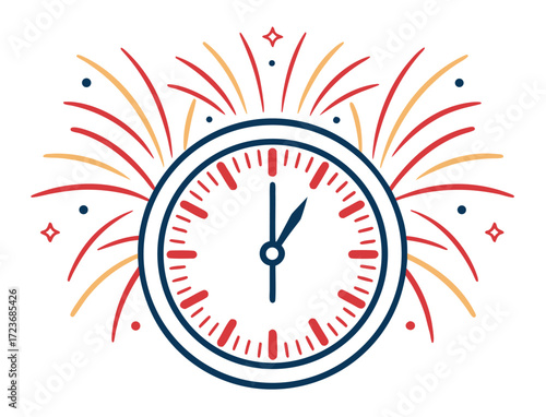 New Years eve midnight celebration clock and fireworks graphic vector