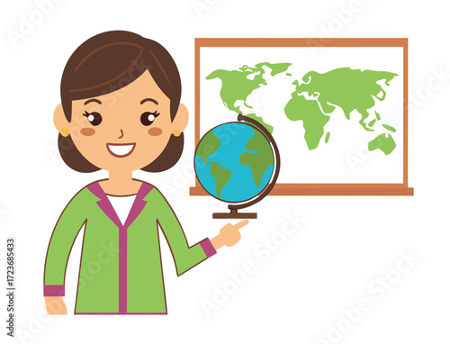 Cartoon female teacher points to globe with world map background