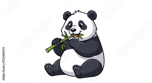 A cute cartoon giant panda bear sitting down and happily eating a green bamboo stalk.