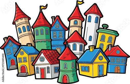 Whimsical cartoon village with colorful houses and towers, playful architecture, fantasy design, vibrant rooftops, imaginative vector illustration on white background