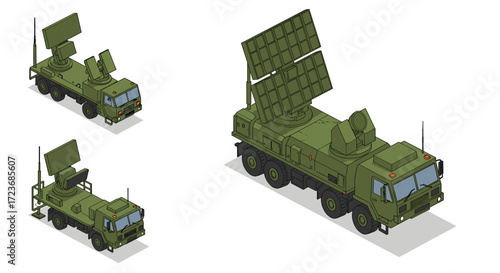 Military radar truck in isometric view with antenna equipment on white background