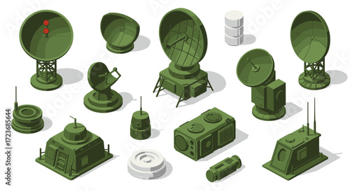 Military radar equipment set in isometric style for defense and communication projects