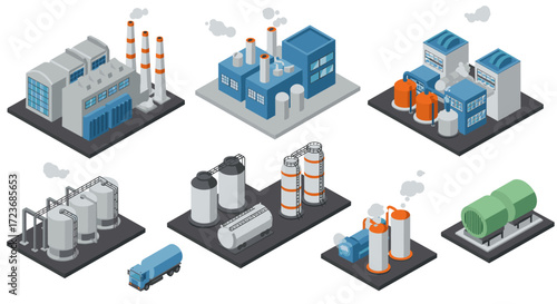 Industrial facilities isometric set featuring factories and storage tanks