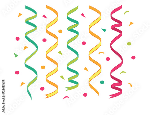 Colorful Celebration with Confetti and Streamers against White Background Graphic