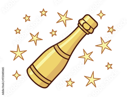 Golden champagne bottle illustration surrounded by sparkling stars for celebration