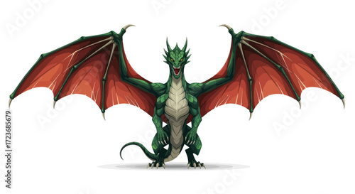 Green Dragon with Red Wings Fantasy Creature Illustration.