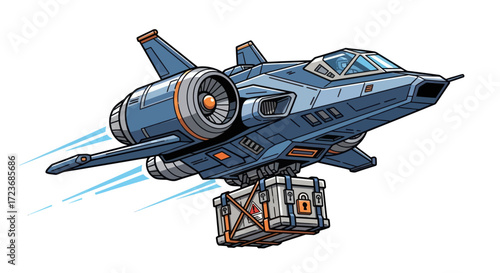 Stylized futuristic cargo aircraft flying with a suspended delivery crate.