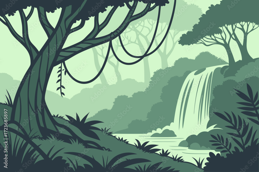 Fototapeta premium Immerse Yourself in a Lush Jungle Paradise with Cascading Waterfall and Towering Trees, Perfect for Nature Enthusiasts and Adventure Seekers Alike