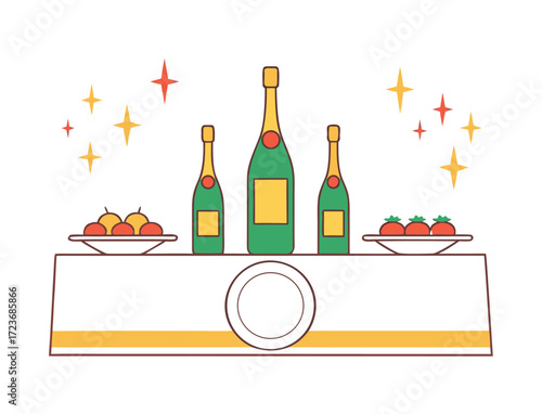 Festive celebration arrangement with champagne bottles and fruit platters display