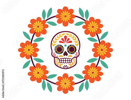Sugar skull with floral wreath for day of the dead