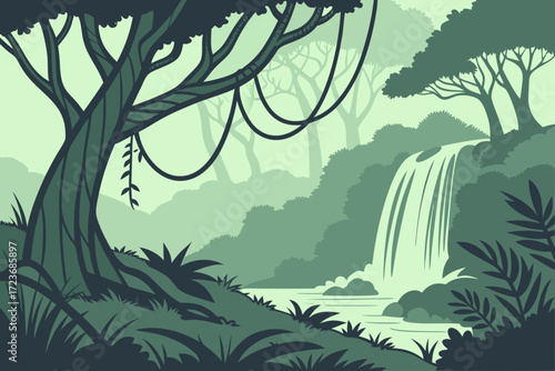 Immerse Yourself in a Lush Jungle Paradise with Cascading Waterfall and Towering Trees, Perfect for Nature Enthusiasts and Adventure Seekers Alike