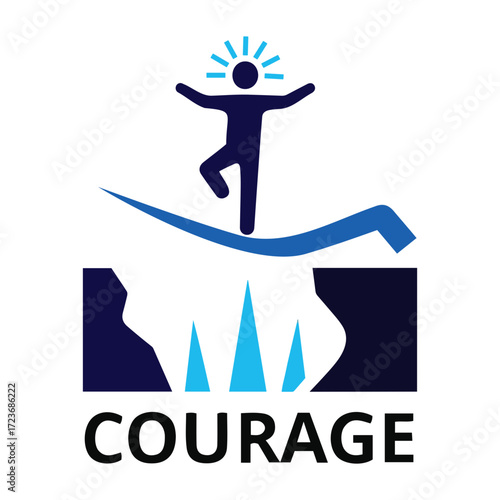 Vector illustration of a person balancing over a chasm with the word courage below it