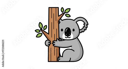 Adorable cartoon koala clinging to a tree trunk with green leaves.