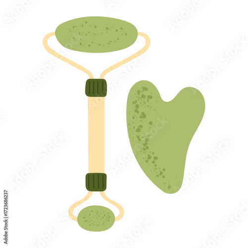 Jade roller and gua sha stone illustration —beauty tools for facial massage, skincare routine, spa treatments, natural cosmetics, wellness design, self care accessories, digital clipart.