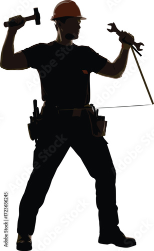 Silhouette of construction worker with hard hat, hammer, wrench, and measuring tape, dynamic pose, tool belt, vector on white background