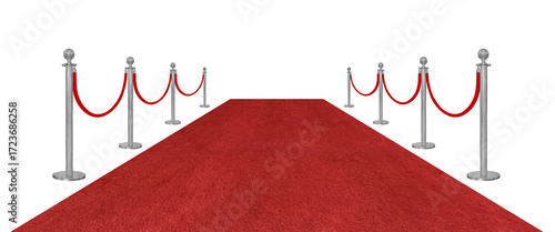 Perspective view red velvet rope barrier and silver poles and red carpet isolated