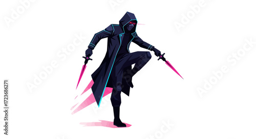 Hooded Figure with Glowing Swords in Dynamic Pose.