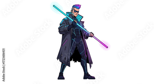 Futuristic Cyberpunk Warrior with Glowing Staff.