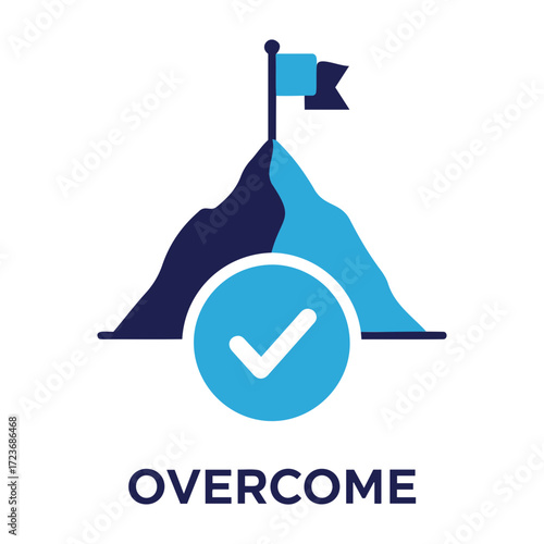 Vector illustration of a mountain with a flag on top and a check mark symbolizing success