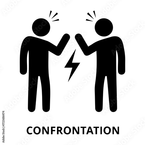 Vector two stick figures facing each other with a lightning bolt in between indicating conflict tension
