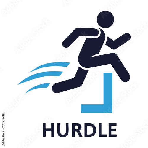 Vector person jumping over a blue hurdle with motion lines indicating speed and movement shown