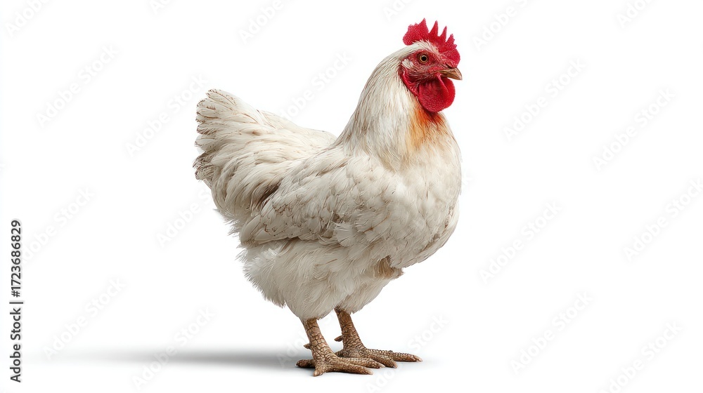 Fototapeta premium A full-shot of a white chicken, standing proudly against a plain white background, showcasing its plumage and a vibrant red comb.