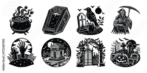 Black and white Halloween vector silhouette set with spooky icons and elements