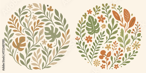 Circular botanical illustration featuring a seamless arrangement of minimalist leaves and flowers in earthy muted, Clean vector style with flat colors and gentle organic shapes