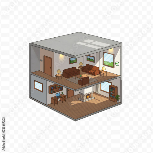 Cozy Two-Story Isometric House Interior Illustration