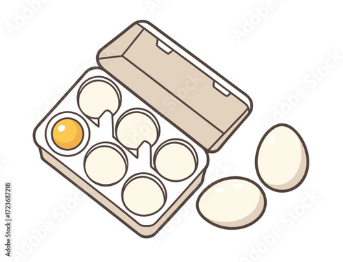 Carton of eggs with one cracked showing the yolk cartoon