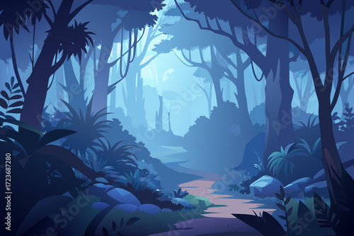 Enchanting blue jungle path leading to adventure, perfect for fantasy game design, storybook illustration, or nature-themed creative projects