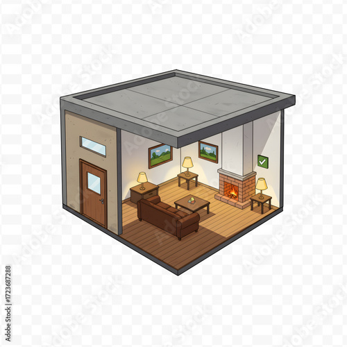 Isometric Living Room with Fireplace and Cozy Decor