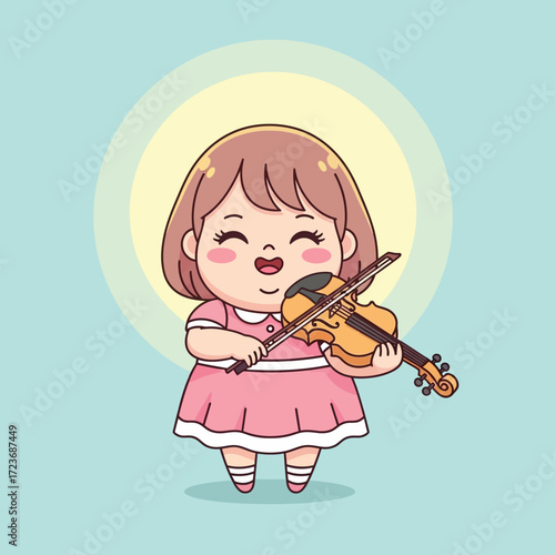 Cute Cartoon Girl Joyfully Playing Violin Instrument Illustration