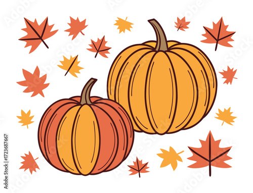 Two pumpkins and autumn leaves illustration on a white background