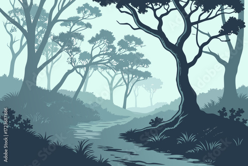 Ethereal forest scene with misty path and stylized trees, perfect for nature lovers and calming backgrounds, originally a scalable vector graphic