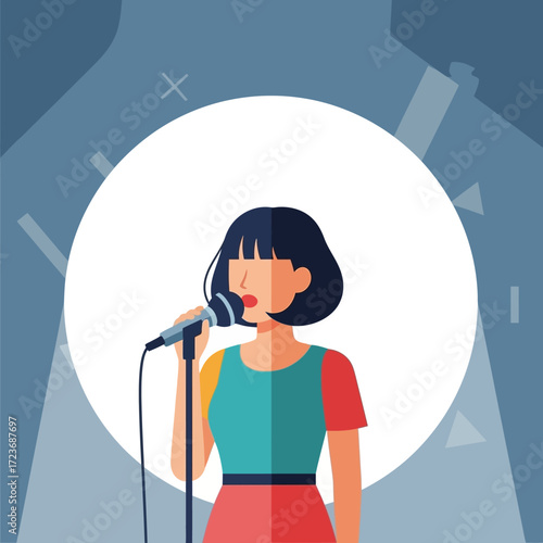 A female singer performs on stage, holding a microphone under a bright spotlight in a flat vector illustration style