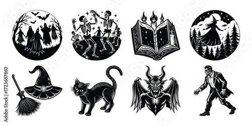 Black and white Halloween vector silhouette set with spooky icons and elements